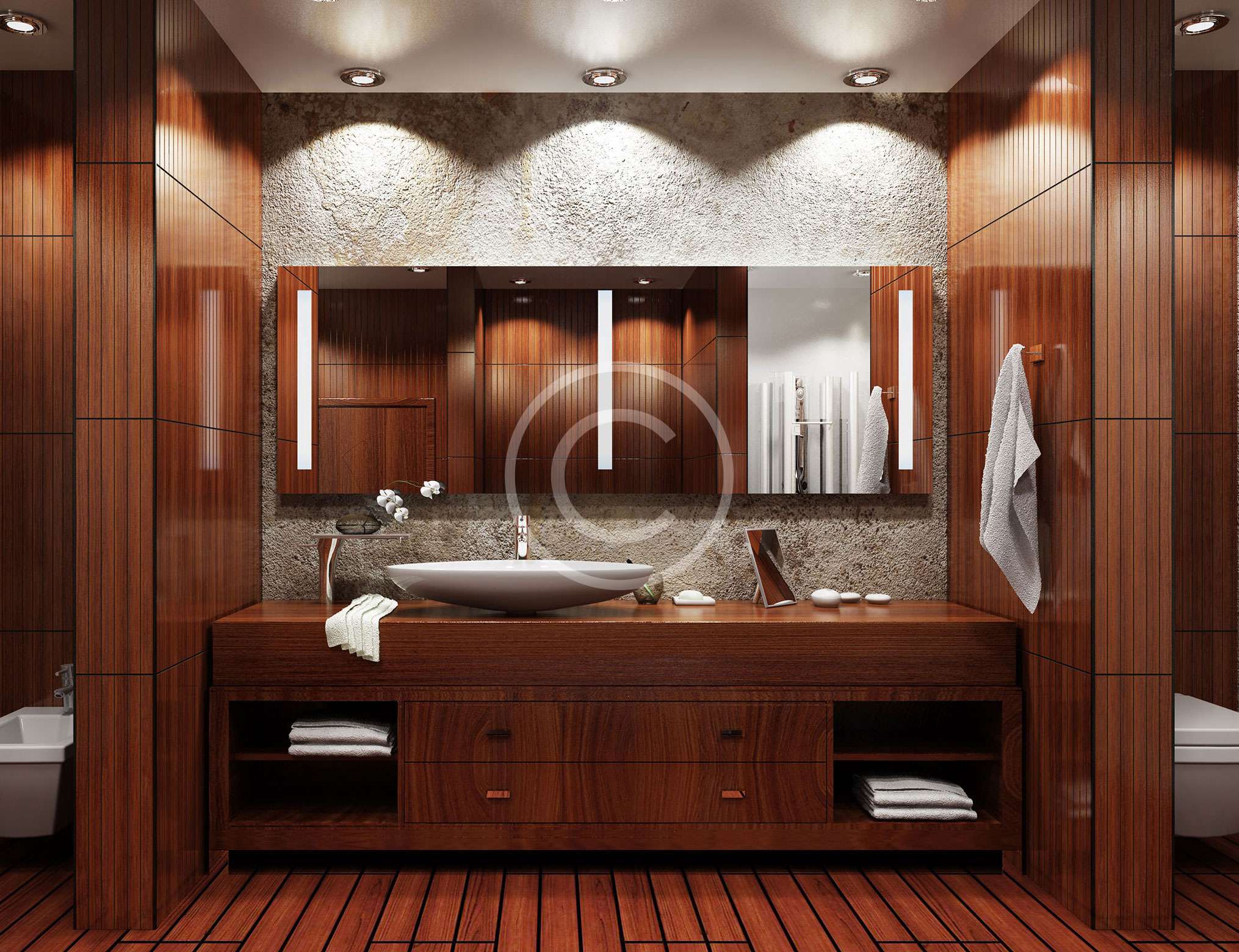 A bathroom with wood cabinets and a sink.