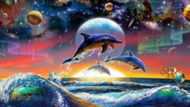 A painting of two dolphins jumping in the ocean