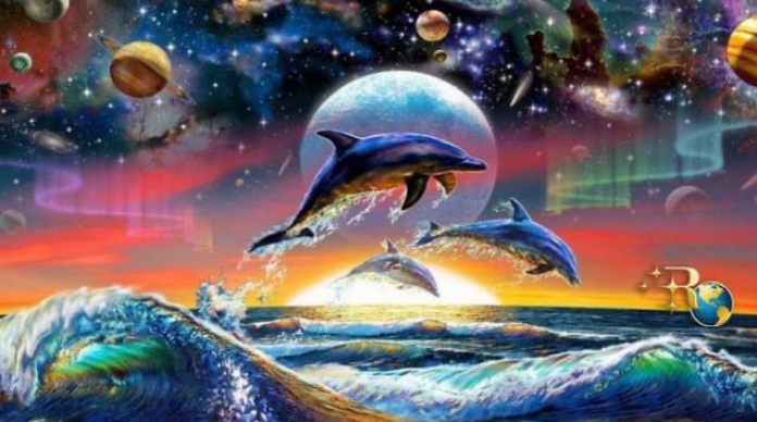 A painting of two dolphins jumping in the ocean