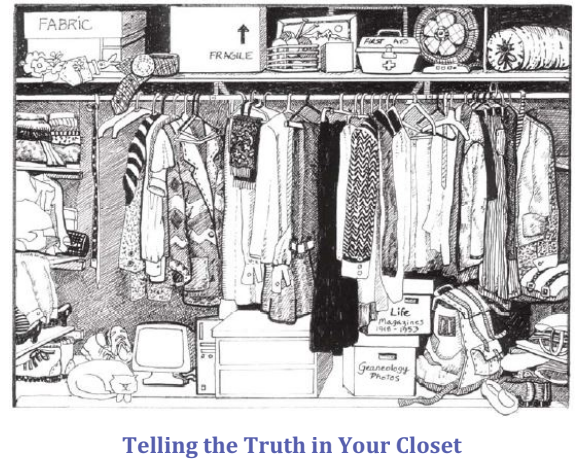 A drawing of a closet with clothes hanging on the wall.