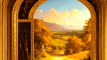 A painting of a scenic landscape with trees and mountains.