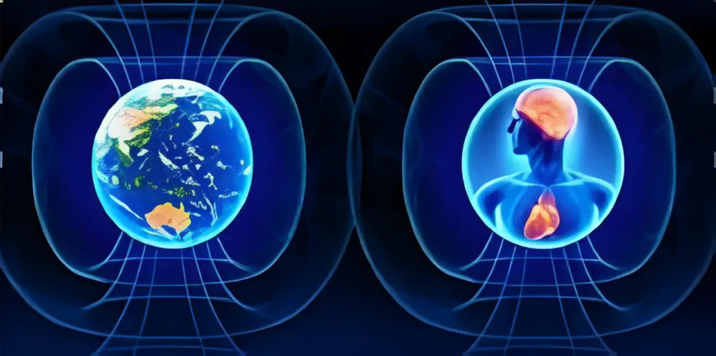 Earth and human body within a grid.